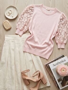 Belldini Pink Puff Sleeve Sweater Mesh Detail Coquette Boho Fairy luxurious M